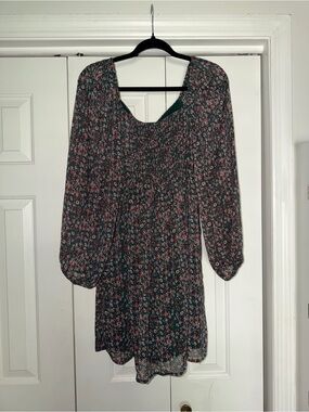 Floral Long-Sleeve Mini Dress - Green with Pink Floral